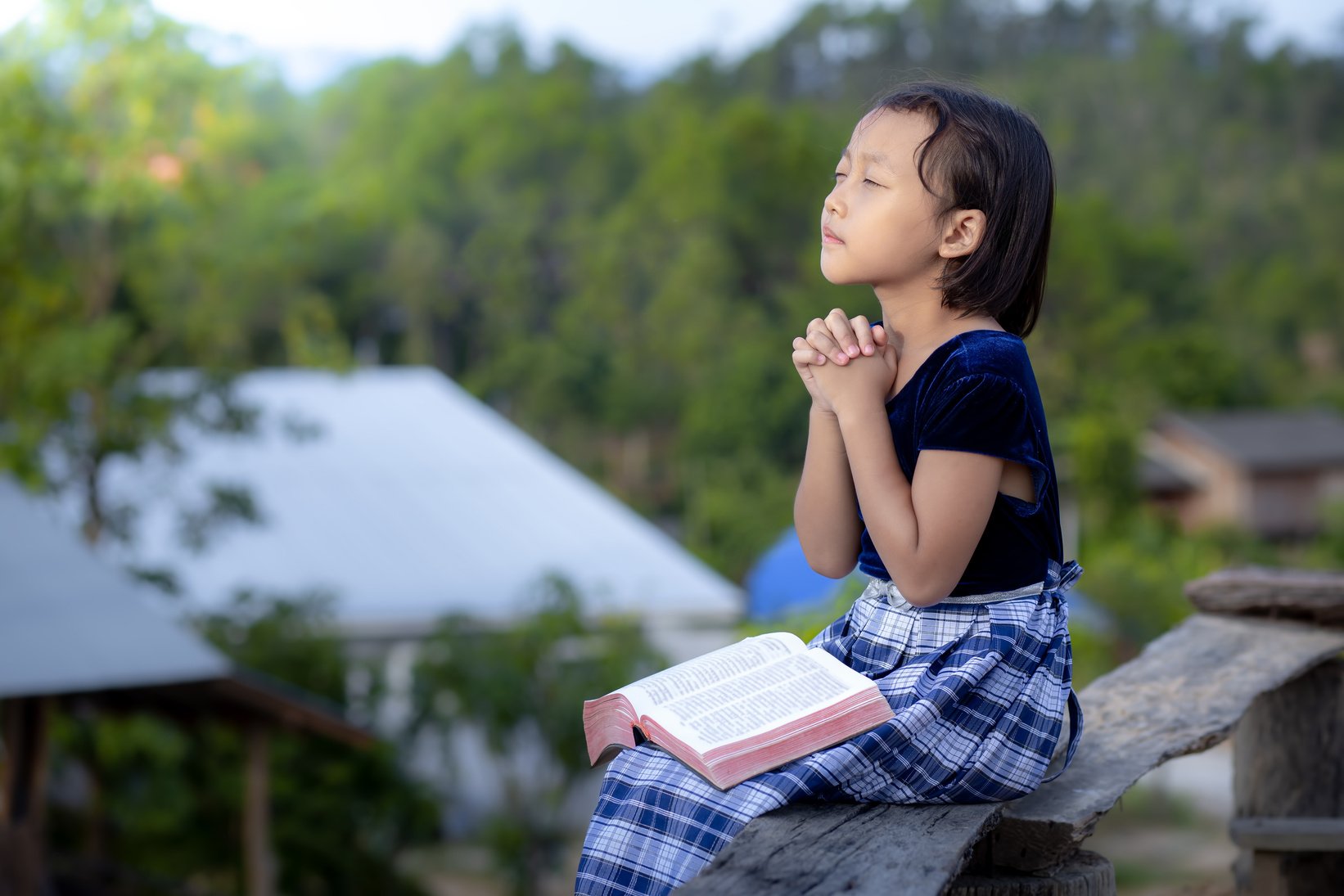 Little Girl with Bible Praying Outdoors